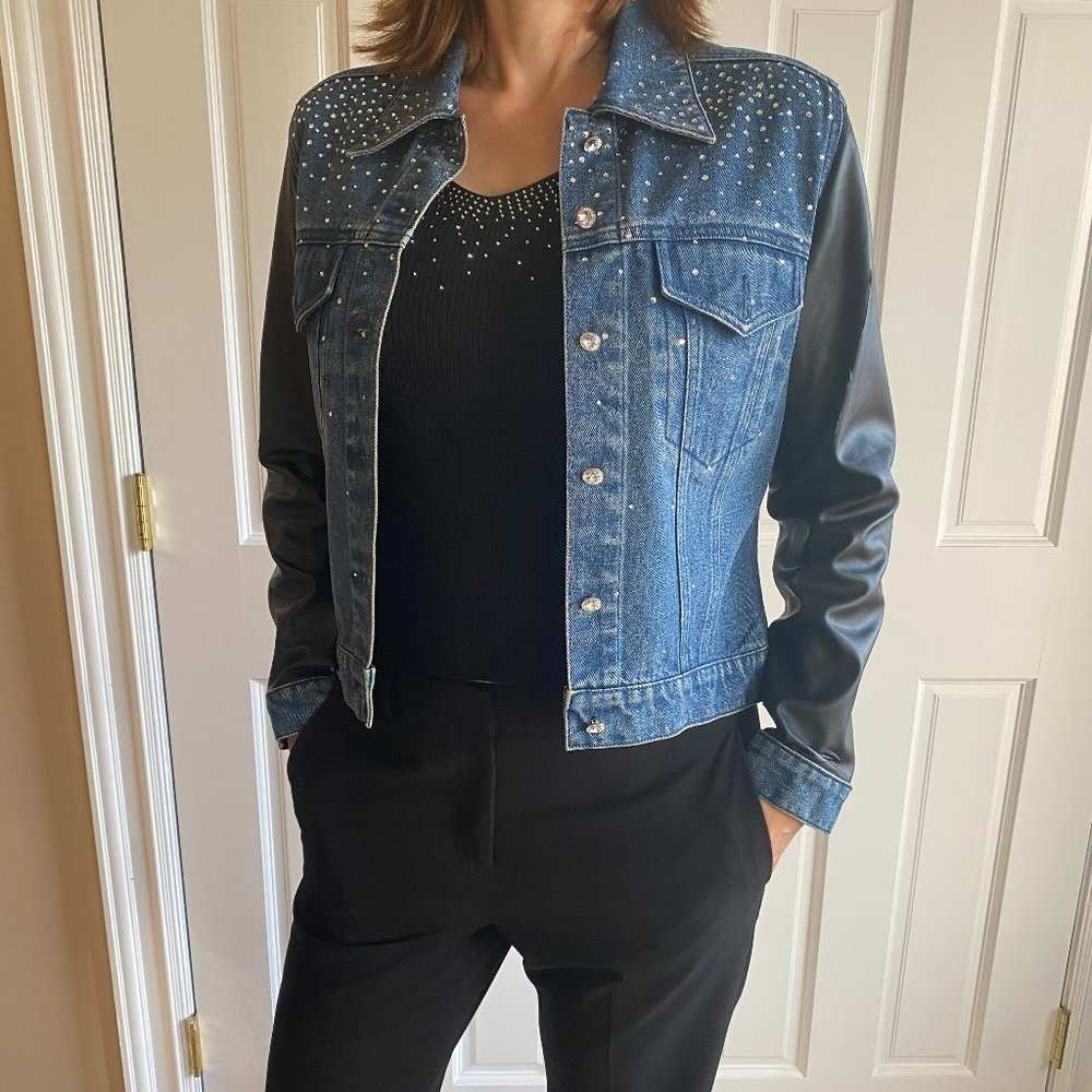 Christine Alexander Rhinestone Jean Jacket with Faux Leather Sleeves Size XS NEW